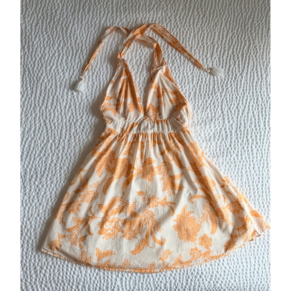 Maaji Orange Floral Halter Mini Dress Size L Cotton Resort Boho Tassel Tie